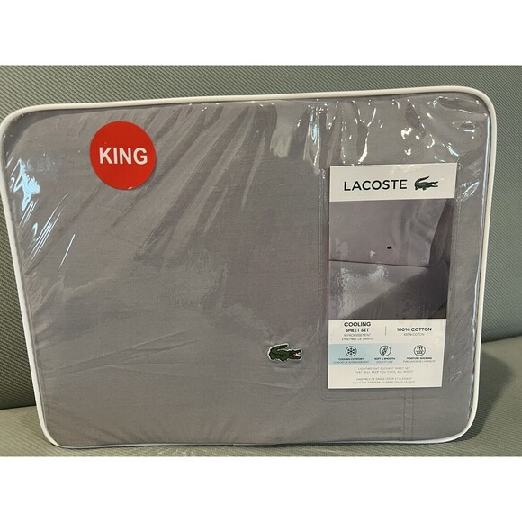 LACOSTE KING Cooling Sheet Set Gray 4 PC Gator Logo Cotton 180 TC New - Picture 1 of 3